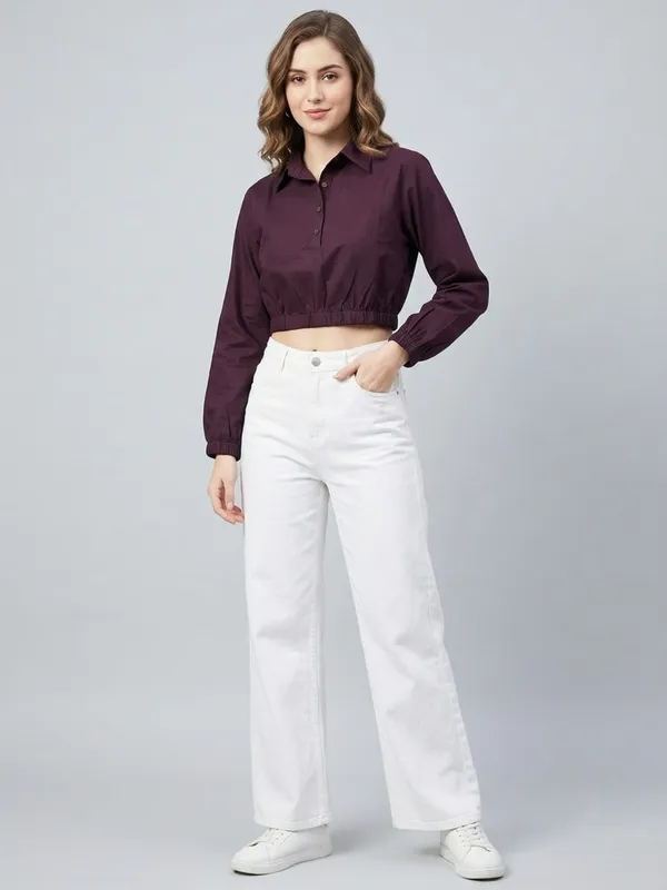 Solid_Wine_Poplin_Collared_Neck_Long_Sleeve_Crop_Top