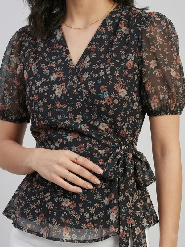 Floral_Printed_Black_Georgette_V_Neck_Short_Puff_Sleeve_Waist_Tie-ups_Regular_Top_For_Women