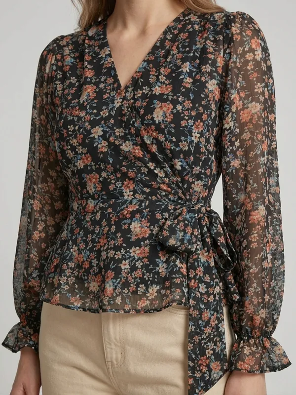 Floral_Printed_Black_Georgette_V_Neck_Long_Puff_Sleeve_Waist_Tie-ups_Regular_Top_For_Women