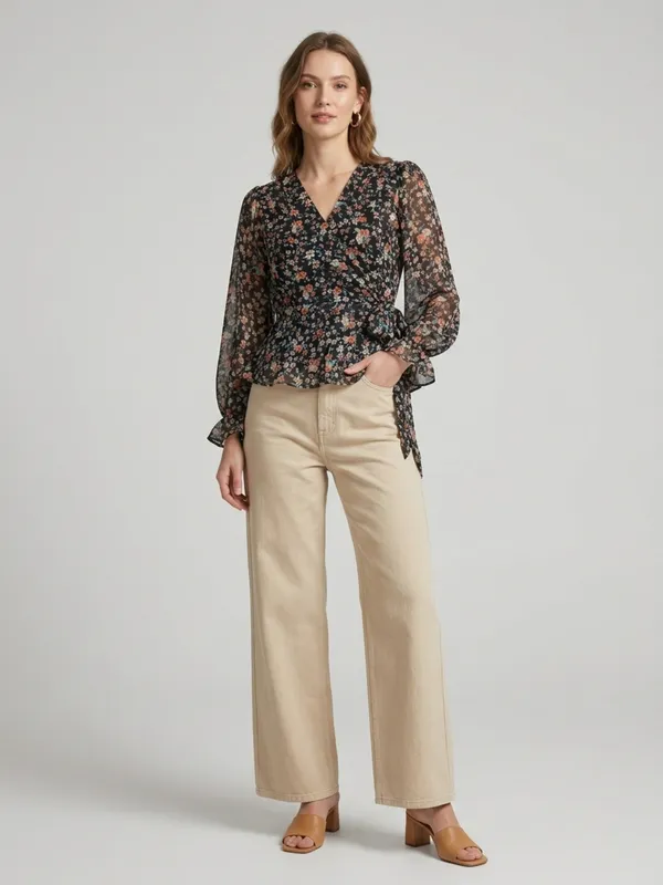 Floral_Printed_Black_Georgette_V_Neck_Long_Puff_Sleeve_Waist_Tie-ups_Regular_Top_For_Women