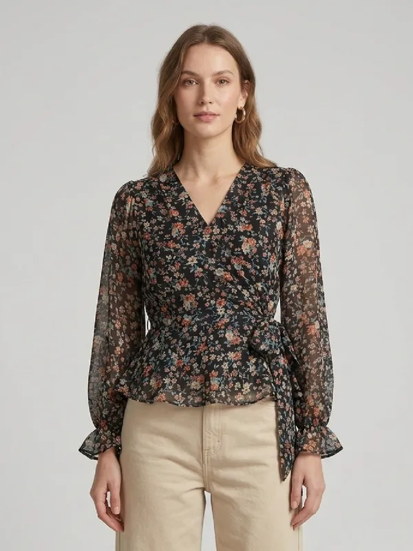 Floral_Printed_Black_Georgette_V_Neck_Long_Puff_Sleeve_Waist_Tie-ups_Regular_Top_For_Women