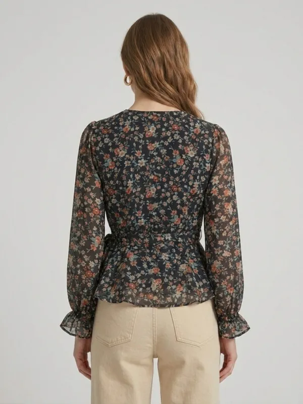 Floral_Printed_Black_Georgette_V_Neck_Long_Puff_Sleeve_Waist_Tie-ups_Regular_Top_For_Women
