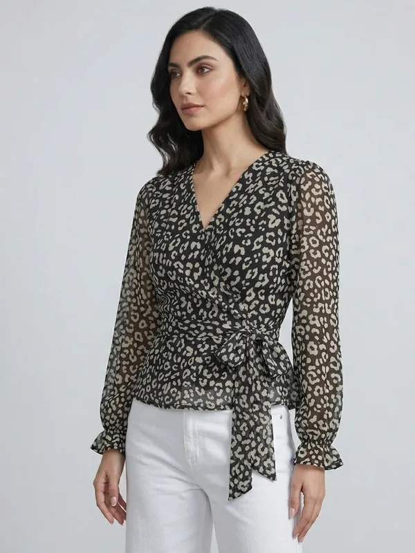 Animal_Printed_Black_Chiffon_V_Neck_Long_Puff_Sleeve_Waist_Tie-ups_Regular_Top_For_Women