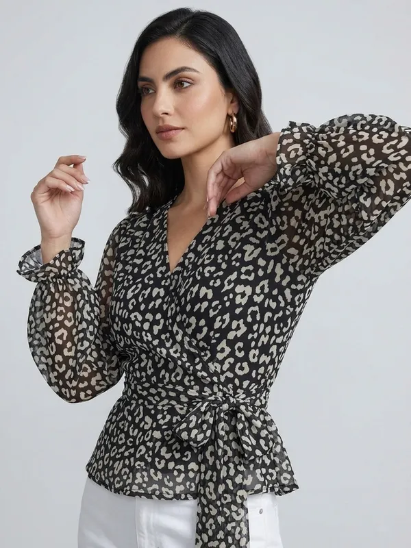 Animal_Printed_Black_Chiffon_V_Neck_Long_Puff_Sleeve_Waist_Tie-ups_Regular_Top_For_Women