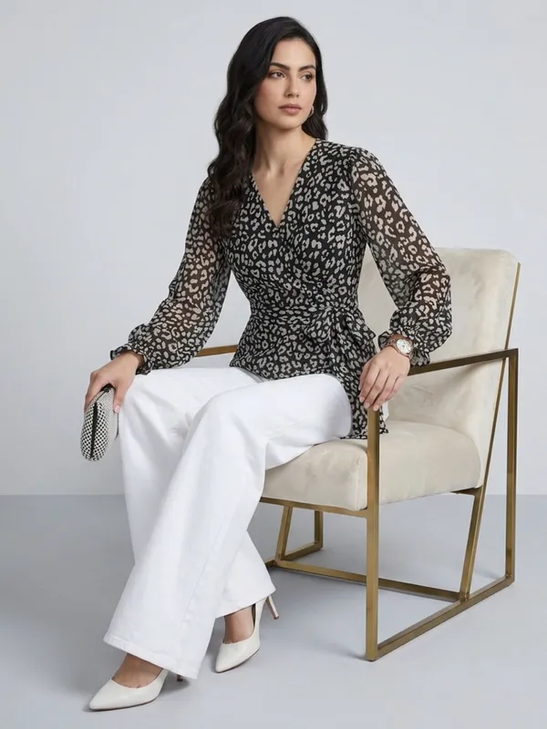 Animal_Printed_Black_Chiffon_V_Neck_Long_Puff_Sleeve_Waist_Tie-ups_Regular_Top_For_Women