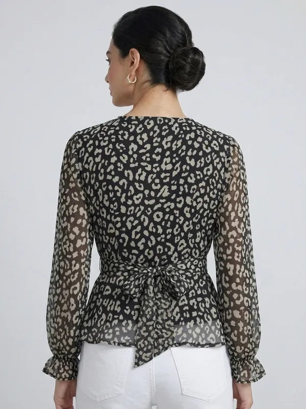 Animal_Printed_Black_Chiffon_V_Neck_Long_Puff_Sleeve_Waist_Tie-ups_Regular_Top_For_Women
