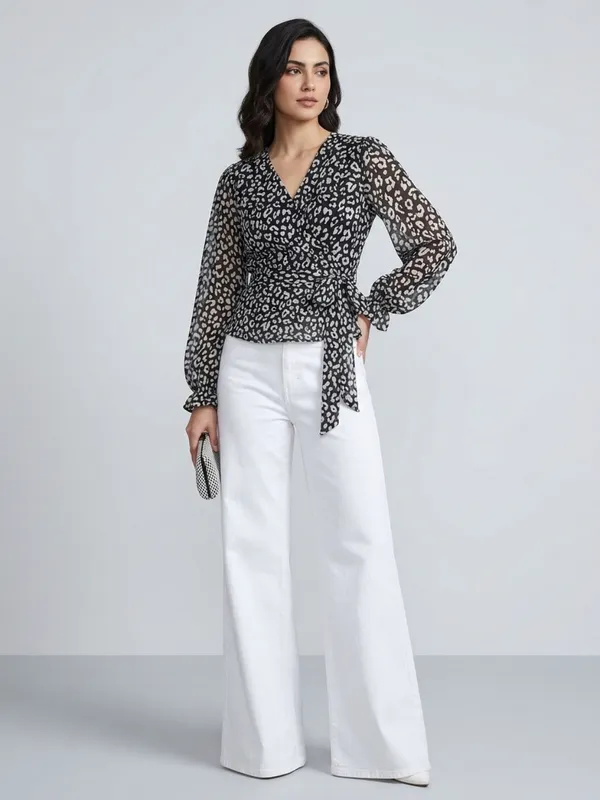 Animal_Printed_Black_Chiffon_V_Neck_Long_Puff_Sleeve_Waist_Tie-ups_Regular_Top_For_Women