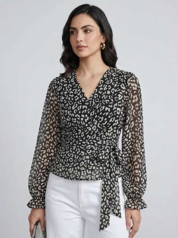 Animal_Printed_Black_Chiffon_V_Neck_Long_Puff_Sleeve_Waist_Tie-ups_Regular_Top_For_Women