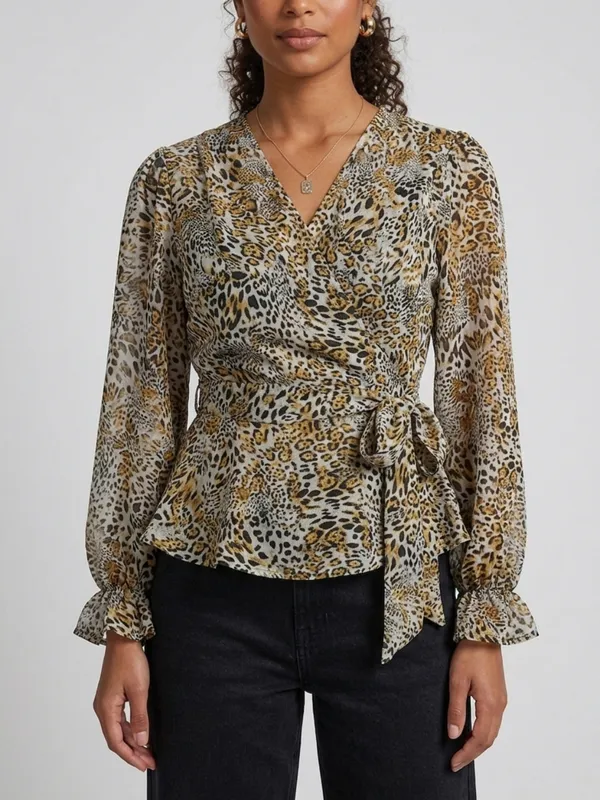 Animal_Printed_White_Chiffon_V_Neck_Long_Puff_Sleeve_Waist_Tie-ups_Regular_Top_For_Women