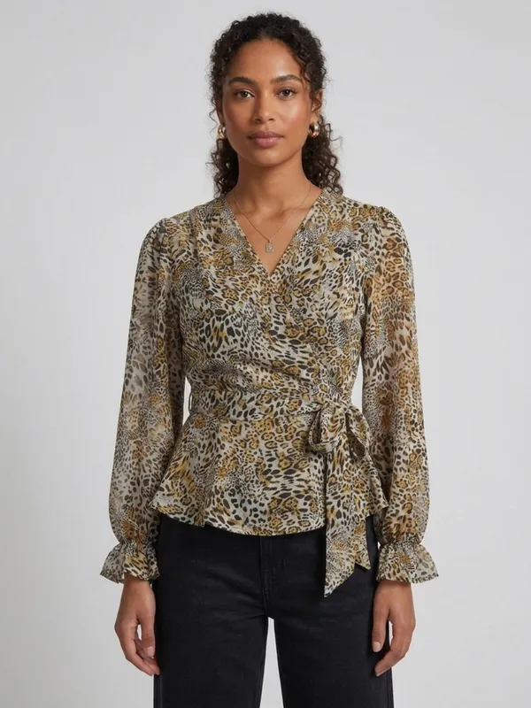 Animal_Printed_White_Chiffon_V_Neck_Long_Puff_Sleeve_Waist_Tie-ups_Regular_Top_For_Women