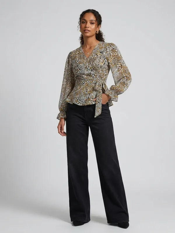 Animal_Printed_White_Chiffon_V_Neck_Long_Puff_Sleeve_Waist_Tie-ups_Regular_Top_For_Women