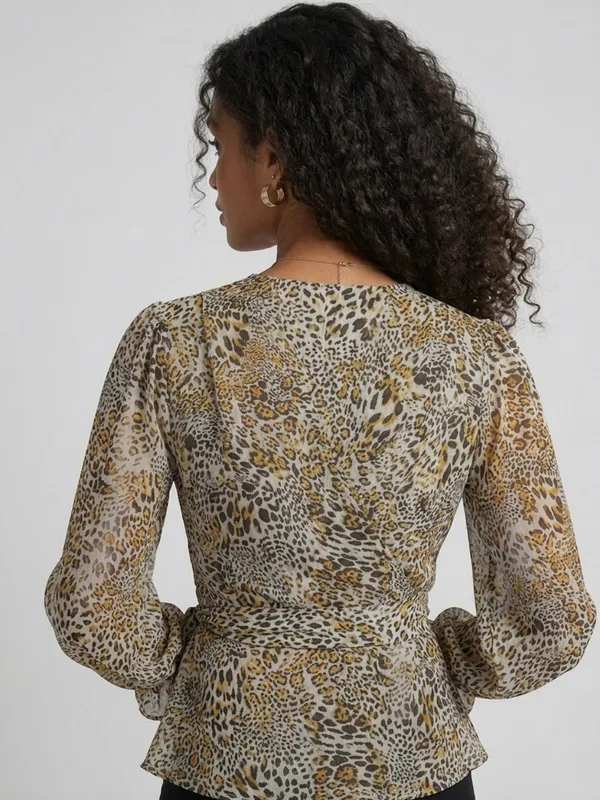 Animal_Printed_White_Chiffon_V_Neck_Long_Puff_Sleeve_Waist_Tie-ups_Regular_Top_For_Women