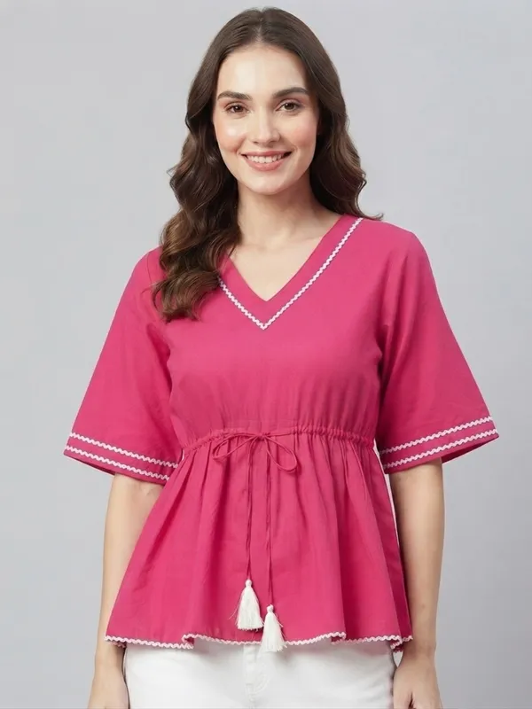 ANVI_Be_Yourself_Women's_Solid_Pink_Rayon_V_Neck_Half_Flared_Sleeve_Regular_Waist_tie-ups_Peplum_Top