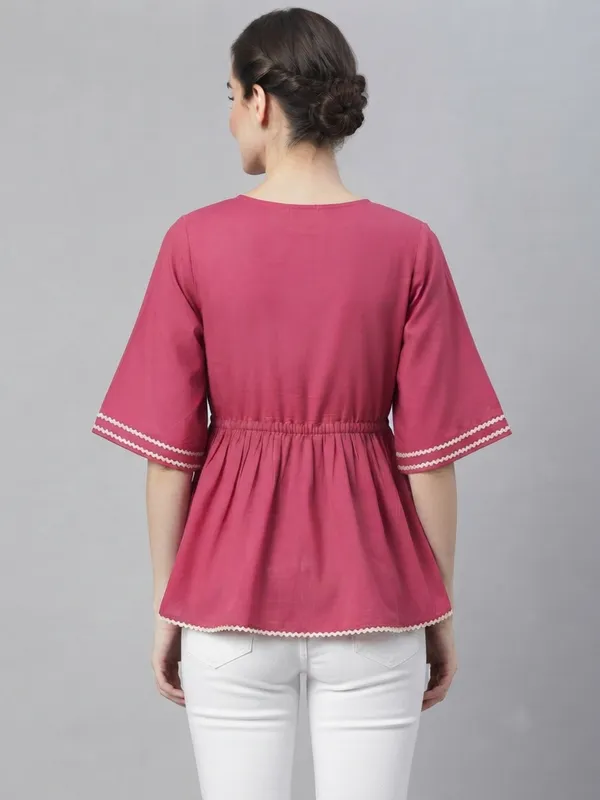 ANVI_Be_Yourself_Women's_Solid_Pink_Rayon_V_Neck_Half_Flared_Sleeve_Regular_Waist_tie-ups_Peplum_Top