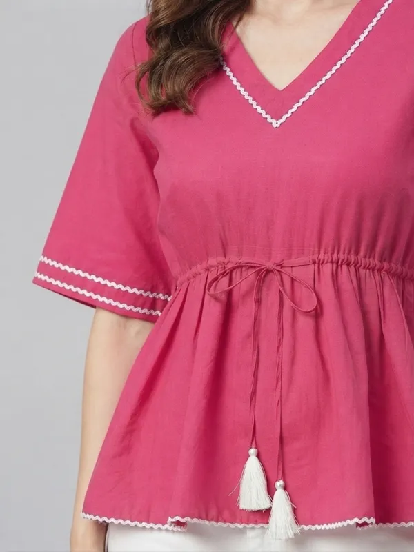 ANVI_Be_Yourself_Women's_Solid_Pink_Rayon_V_Neck_Half_Flared_Sleeve_Regular_Waist_tie-ups_Peplum_Top