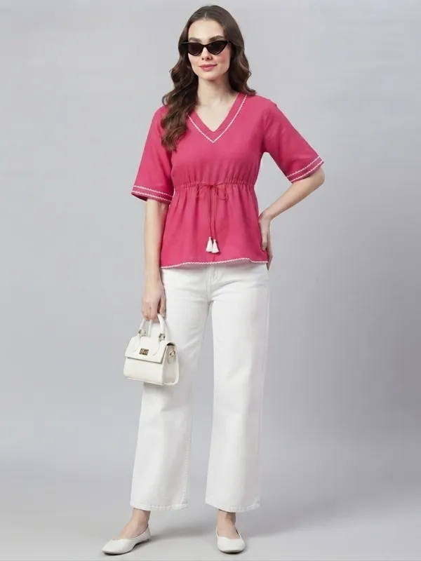 ANVI_Be_Yourself_Women's_Solid_Pink_Rayon_V_Neck_Half_Flared_Sleeve_Regular_Waist_tie-ups_Peplum_Top