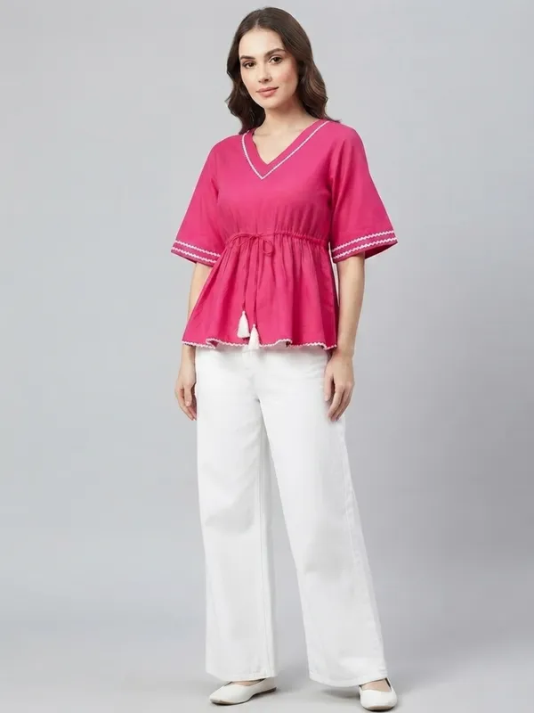 ANVI_Be_Yourself_Women's_Solid_Pink_Rayon_V_Neck_Half_Flared_Sleeve_Regular_Waist_tie-ups_Peplum_Top