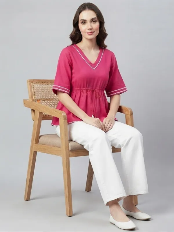 ANVI_Be_Yourself_Women's_Solid_Pink_Rayon_V_Neck_Half_Flared_Sleeve_Regular_Waist_tie-ups_Peplum_Top