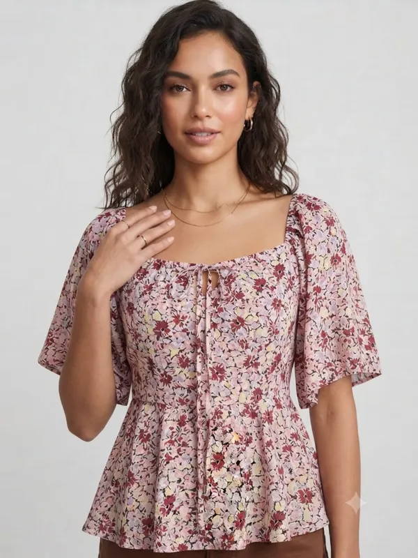 ANVI_Be_Yourself_Women_Floral_Printed_Pink_Square_Neck_Flutter_Sleeve_Smocked_Regular_Peplum_Top