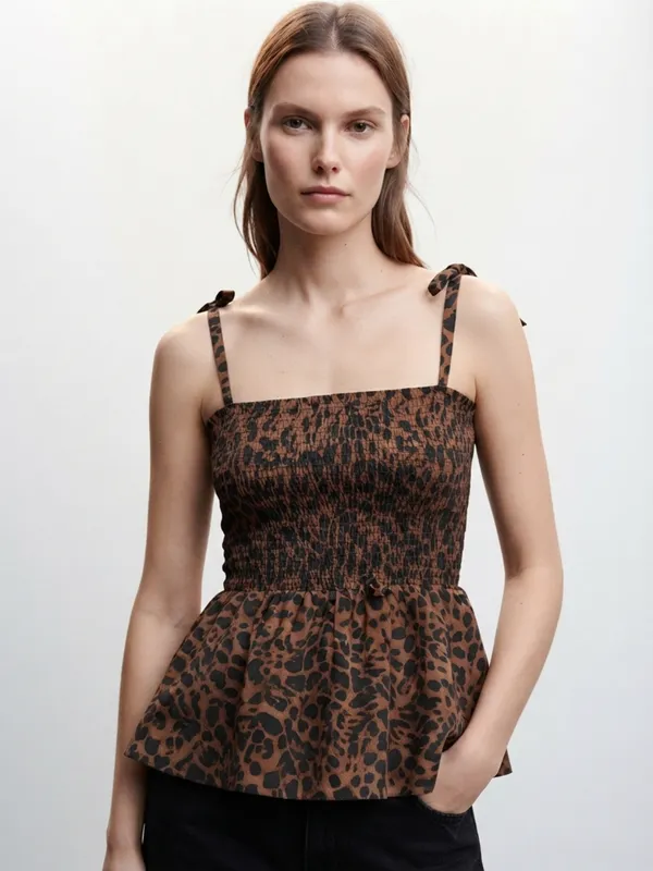 ANVI_Be_Yourself_Women_Animal_Printed_Brown_Crepe_Shoulder_Straps_Sleeveless_Smocked_Fitted_Top