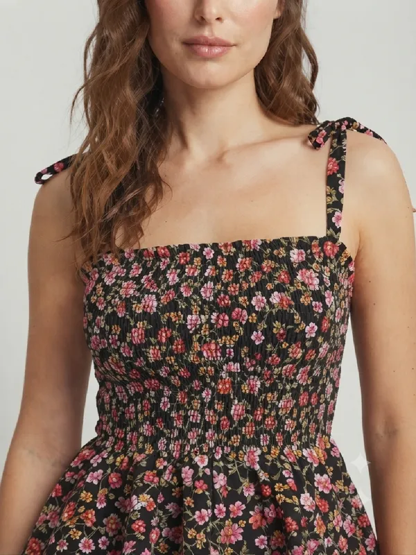 ANVI_Be_Yourself_Women_Floral_Printed_Black_Crepe_Shoulder_Straps_Sleeveless_Smocked_Fitted_Top