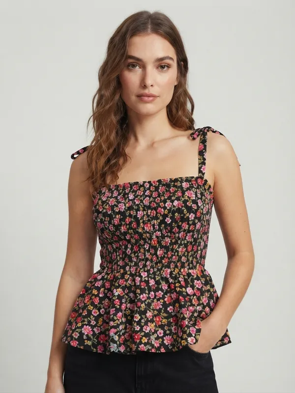 ANVI_Be_Yourself_Women_Floral_Printed_Black_Crepe_Shoulder_Straps_Sleeveless_Smocked_Fitted_Top