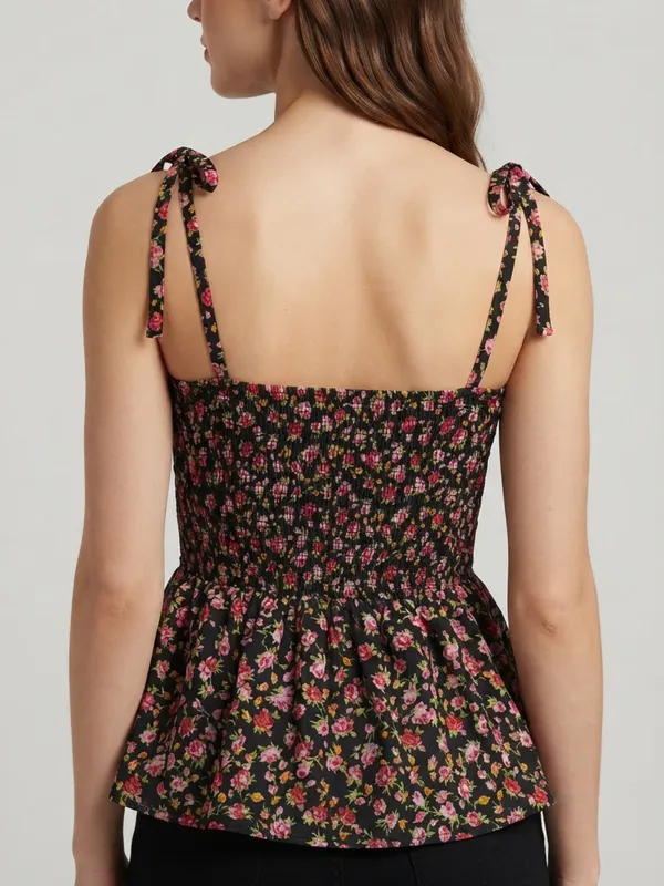 ANVI_Be_Yourself_Women_Floral_Printed_Black_Crepe_Shoulder_Straps_Sleeveless_Smocked_Fitted_Top
