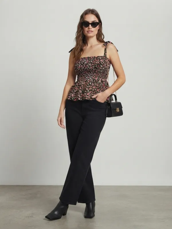 ANVI_Be_Yourself_Women_Floral_Printed_Black_Crepe_Shoulder_Straps_Sleeveless_Smocked_Fitted_Top