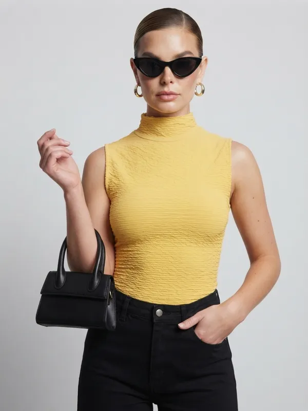 ANVI_Be_Yourself_Solid_Yellow_Scrabble_Ribbed_High_Neck_Sleeveless_Regular_Top