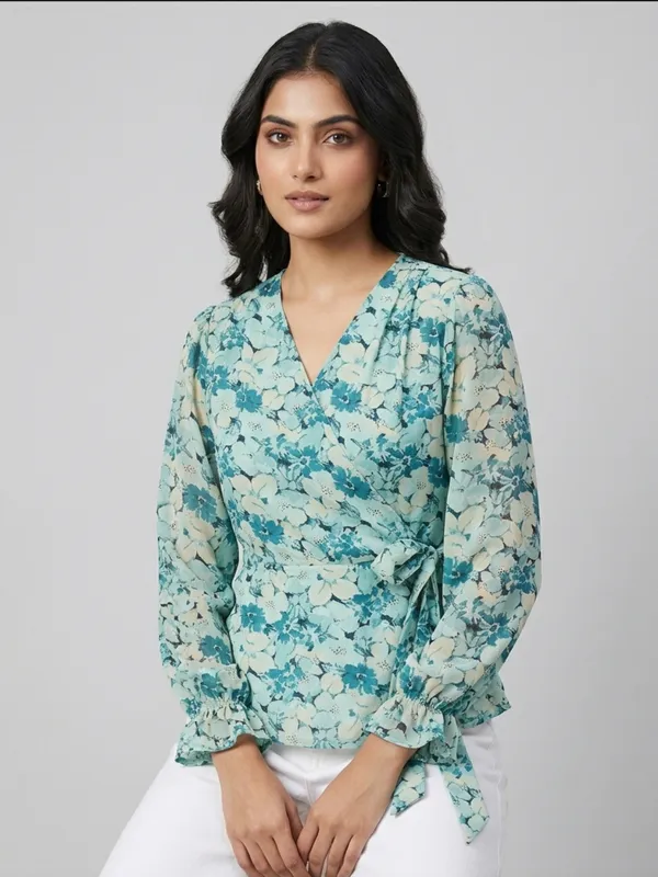 ANVI_Be_Yourself_Floral_Printed_Sea_Green_Georgette_V_Neck_Long_Sleeve_Waist_tie-ups_Wrap_Top