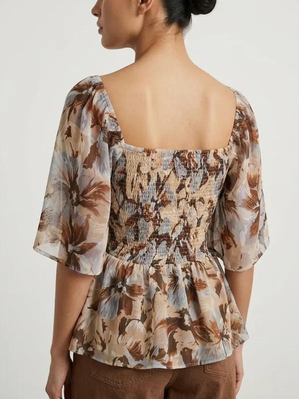 ANVI_Be_Yourself_Women_Floral_Printed_Brown_Chiffon_Square_Neck_Short_Flared_Sleeves_Smocked_Peplum_Top