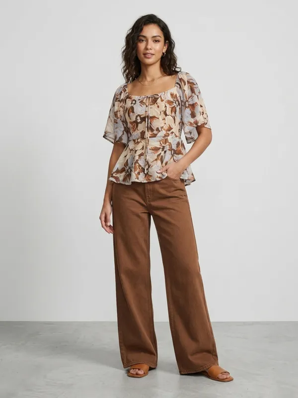 ANVI_Be_Yourself_Women_Floral_Printed_Brown_Chiffon_Square_Neck_Short_Flared_Sleeves_Smocked_Peplum_Top