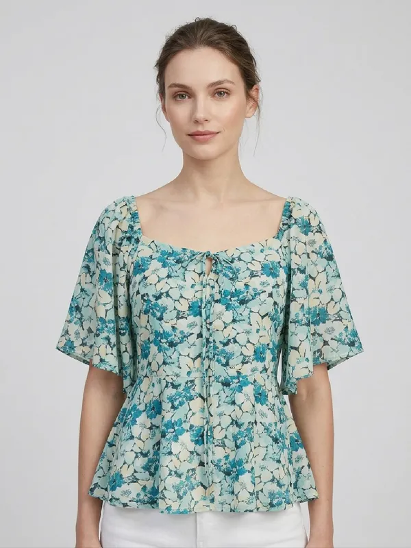 ANVI_Be_Yourself_Women_Floral_Printed_Sea_Green_Georgette_Square_Neck_Short_Flared_Sleeves_Smocked_Peplum_Top