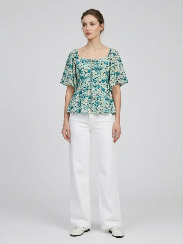 ANVI_Be_Yourself_Women_Floral_Printed_Sea_Green_Georgette_Square_Neck_Short_Flared_Sleeves_Smocked_Peplum_Top