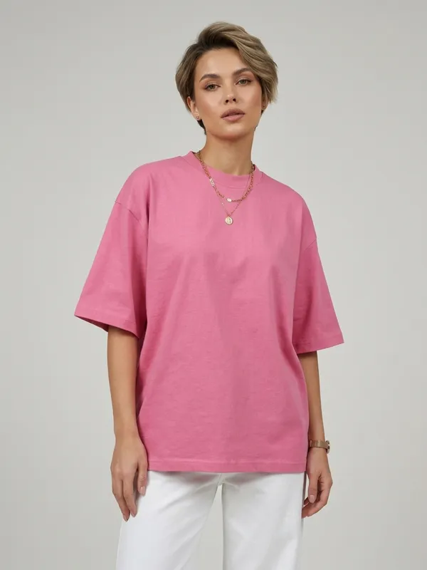Women_Solid_Pink_Cotton_Round_Neck_Half_Sleeve_Oversized_T-shirt