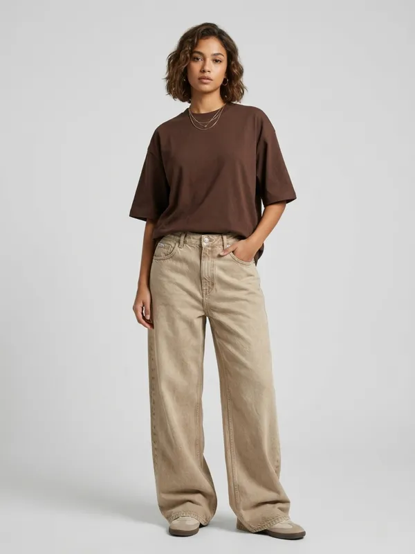 Women_Solid_Dark_Brown_Cotton_Round_Neck_Half_Sleeve_Oversized_T-shirt