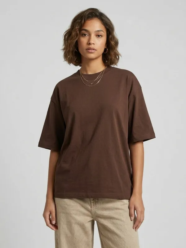 Women_Solid_Dark_Brown_Cotton_Round_Neck_Half_Sleeve_Oversized_T-shirt