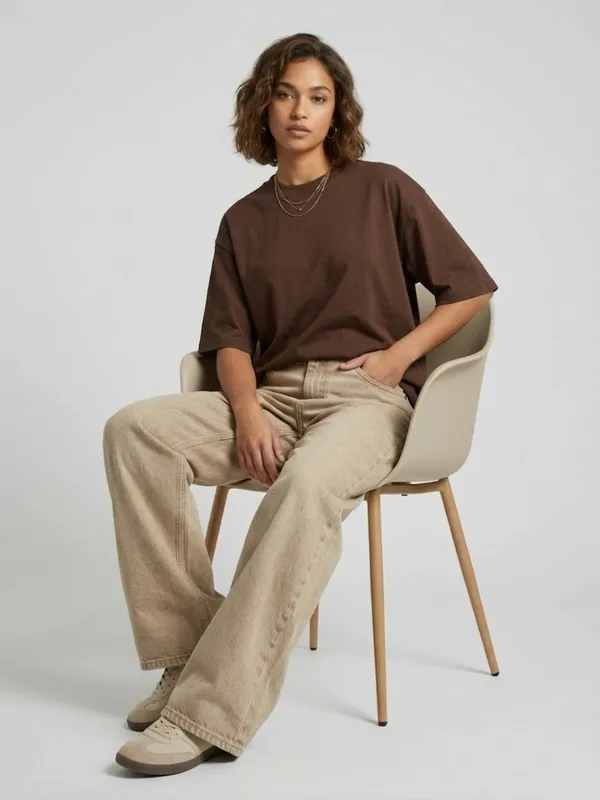 Women_Solid_Dark_Brown_Cotton_Round_Neck_Half_Sleeve_Oversized_T-shirt