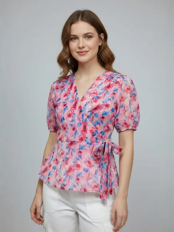 Women_Floral_Printed_Baby_Pink_Georgette_V_Neck_Short_Puff_Sleeve_Casual_Wrap_Top