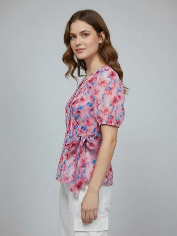Women_Floral_Printed_Baby_Pink_Georgette_V_Neck_Short_Puff_Sleeve_Casual_Wrap_Top