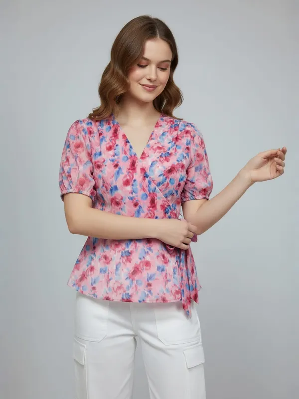 Women_Floral_Printed_Baby_Pink_Georgette_V_Neck_Short_Puff_Sleeve_Casual_Wrap_Top