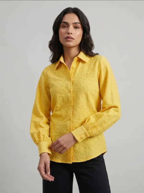 ANVI_Be_Yourself_Women_Solid_Yellow_Scrabble_Ribbed_Collared_Neck_Long_Sleeve_Button_Down_Causal_Regular_Shirt