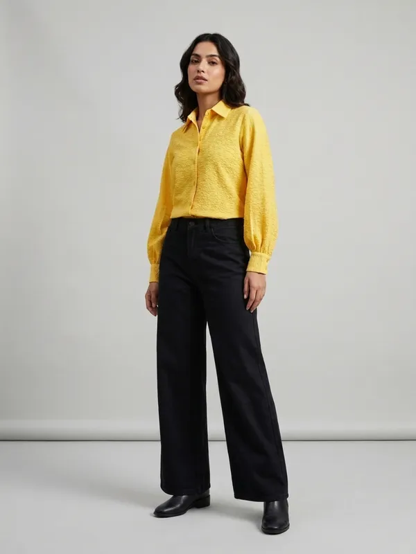 ANVI_Be_Yourself_Women_Solid_Yellow_Scrabble_Ribbed_Collared_Neck_Long_Sleeve_Button_Down_Causal_Regular_Shirt