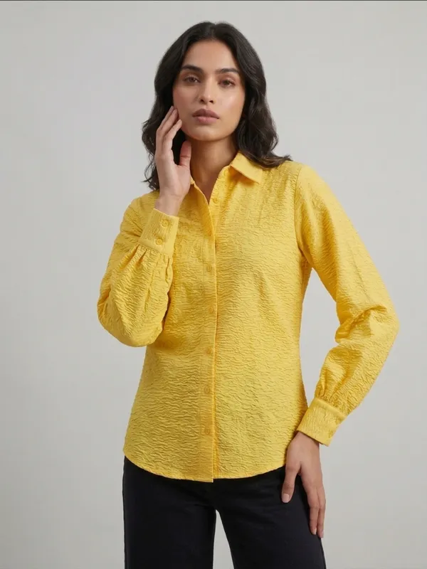ANVI_Be_Yourself_Women_Solid_Yellow_Scrabble_Ribbed_Collared_Neck_Long_Sleeve_Button_Down_Causal_Regular_Shirt