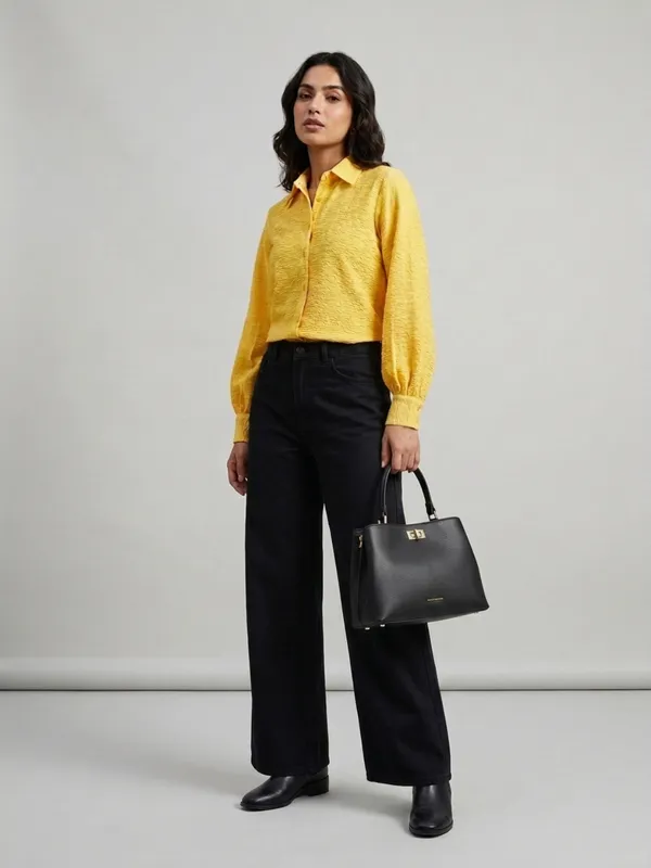 ANVI_Be_Yourself_Women_Solid_Yellow_Scrabble_Ribbed_Collared_Neck_Long_Sleeve_Button_Down_Causal_Regular_Shirt