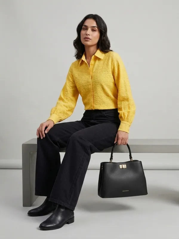 ANVI_Be_Yourself_Women_Solid_Yellow_Scrabble_Ribbed_Collared_Neck_Long_Sleeve_Button_Down_Causal_Regular_Shirt