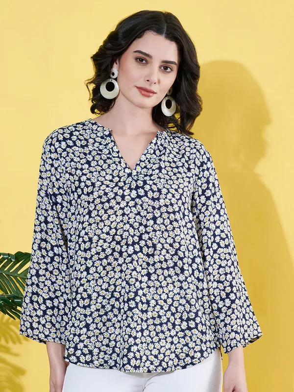 Women_Floral_Printed_Blue_Mandarin_Neck_Crepe_Casual_Top