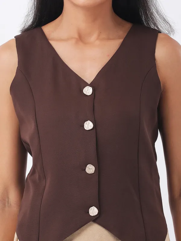 Women_Solid_Brown_Banana_Crepe_V_Neck_Sleeveless_Wasit_Coat