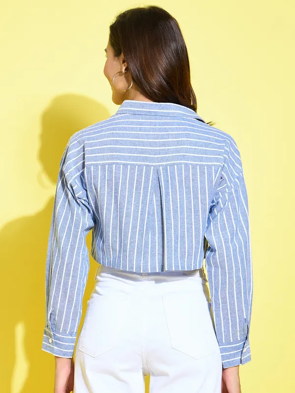 Women_Stripped_Blue_Collared_Neck_Casual_Crop_Shirt_With_Patch_Pocket