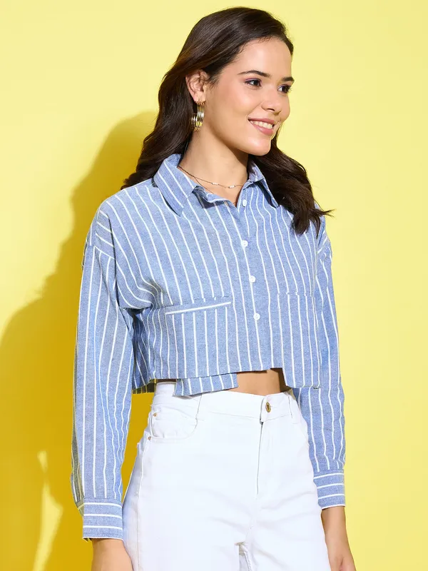 Women_Stripped_Blue_Collared_Neck_Casual_Crop_Shirt_With_Patch_Pocket